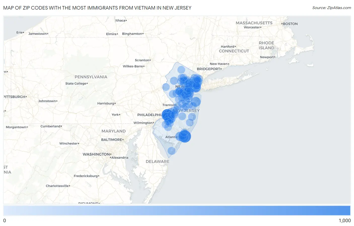 Zip Codes with the Most Immigrants from Vietnam in New Jersey Map