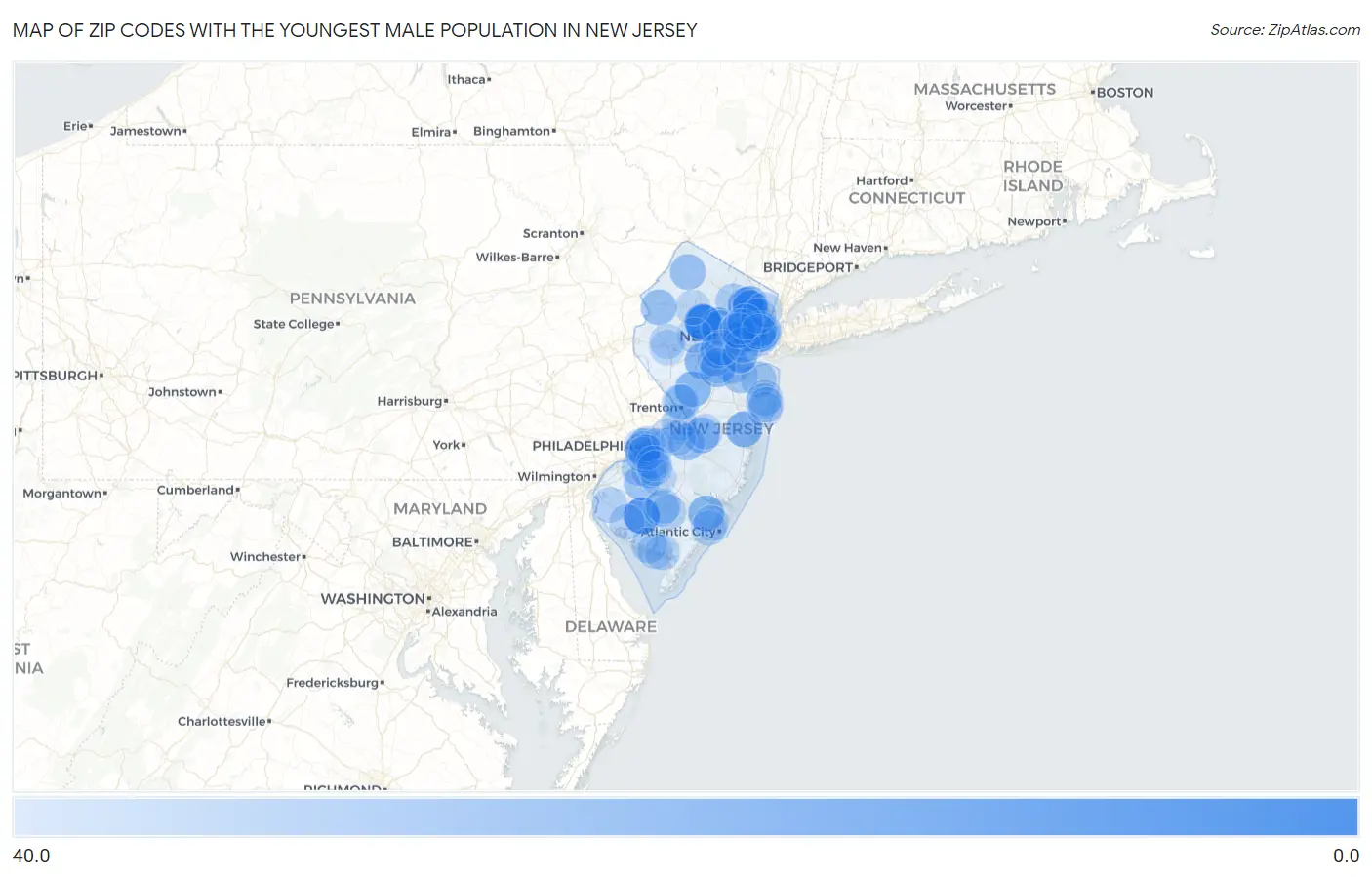 Zip Codes with the Youngest Male Population in New Jersey Map