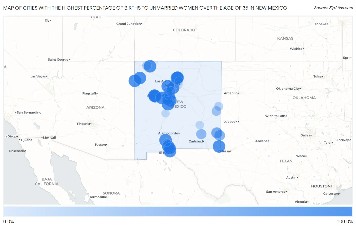 Cities with the Highest Percentage of Births to Unmarried Women over the Age of 35 in New Mexico Map