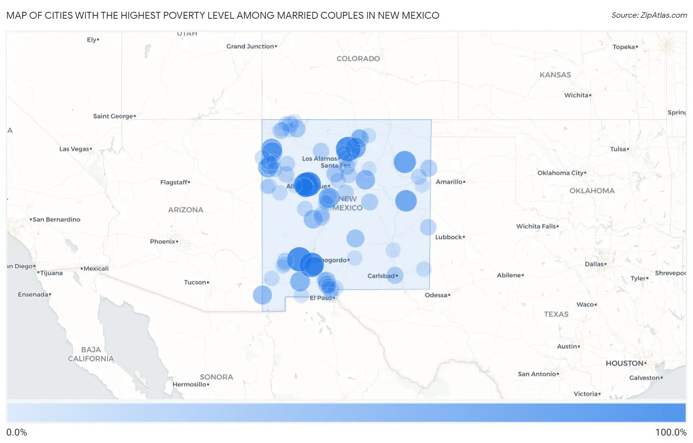Cities with the Highest Poverty Level Among Married Couples in New Mexico Map