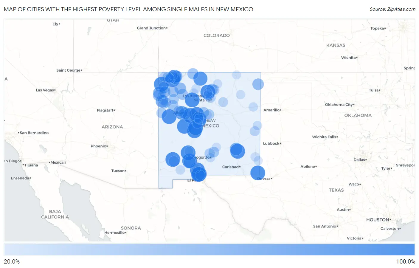Cities with the Highest Poverty Level Among Single Males in New Mexico Map