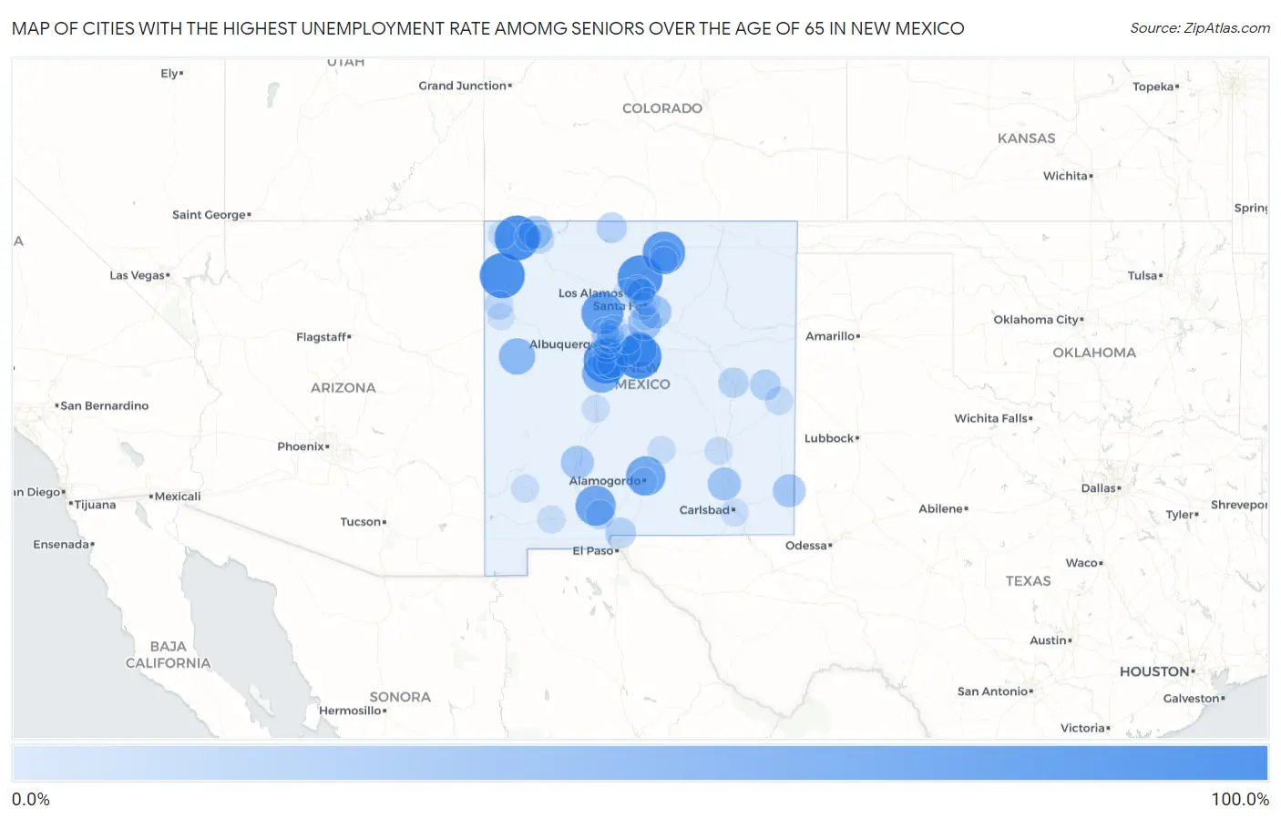 Cities with the Highest Unemployment Rate Amomg Seniors Over the Age of 65 in New Mexico Map