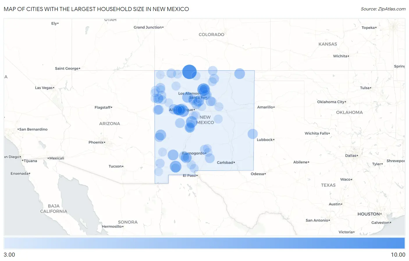 Cities with the Largest Household Size in New Mexico Map