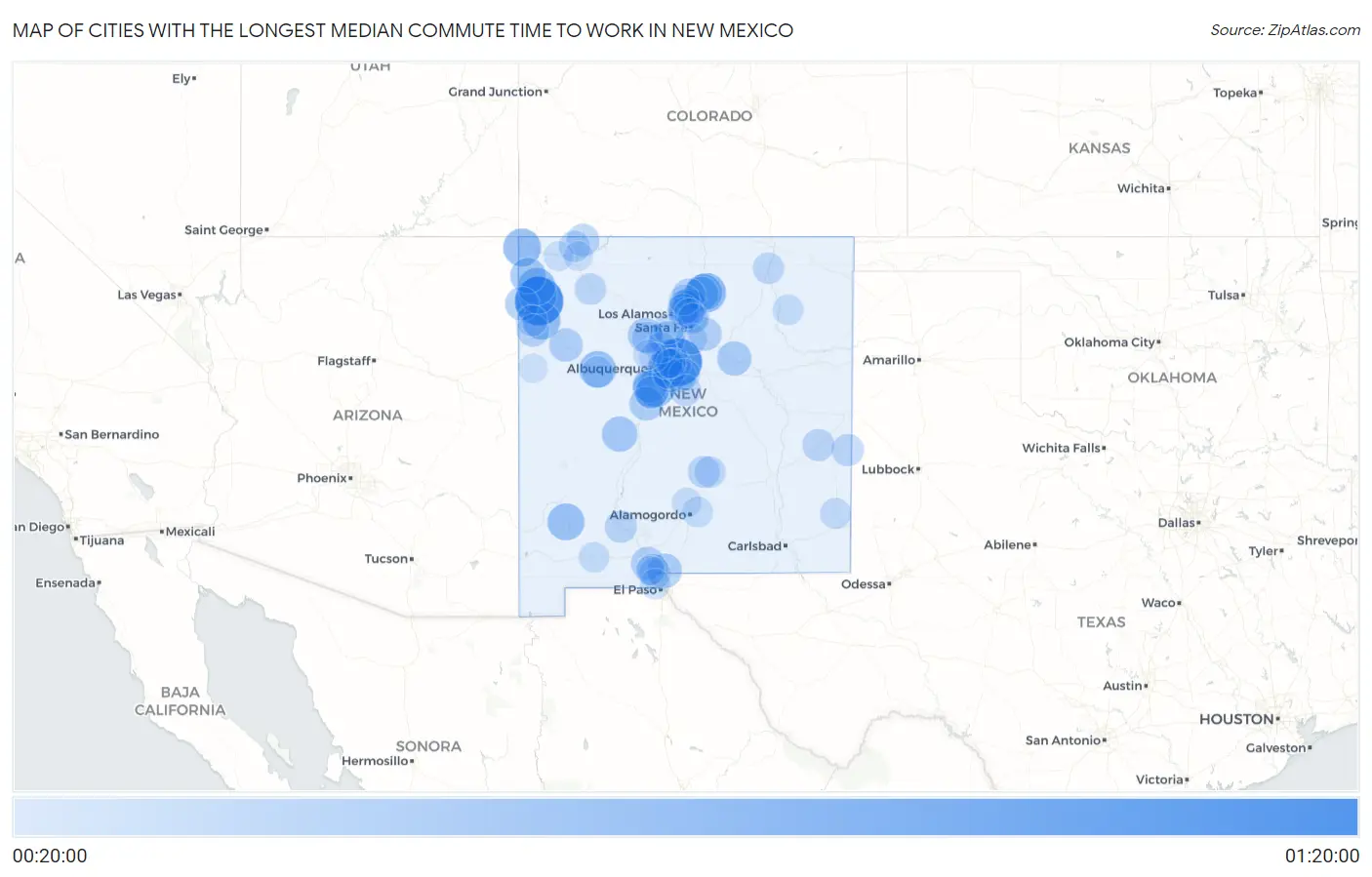 Cities with the Longest Median Commute Time to Work in New Mexico Map