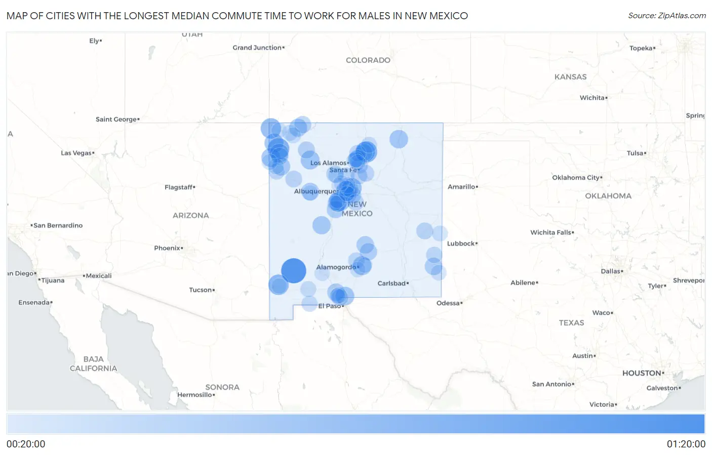 Cities with the Longest Median Commute Time to Work for Males in New Mexico Map