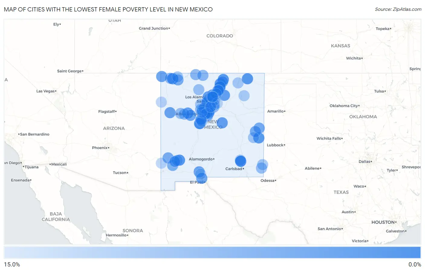 Cities with the Lowest Female Poverty Level in New Mexico Map