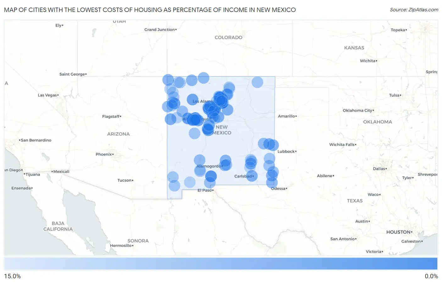 Cities with the Lowest Costs of Housing as Percentage of Income in New Mexico Map