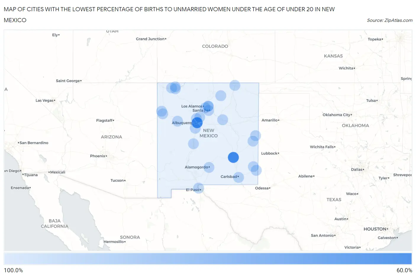 Cities with the Lowest Percentage of Births to Unmarried Women under the Age of under 20 in New Mexico Map