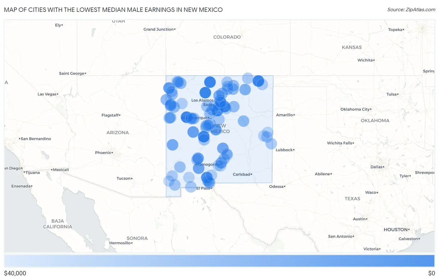 Cities with the Lowest Median Male Earnings in New Mexico Map