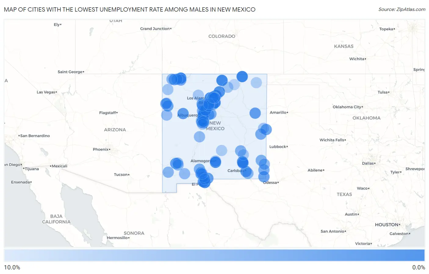 Cities with the Lowest Unemployment Rate Among Males in New Mexico Map