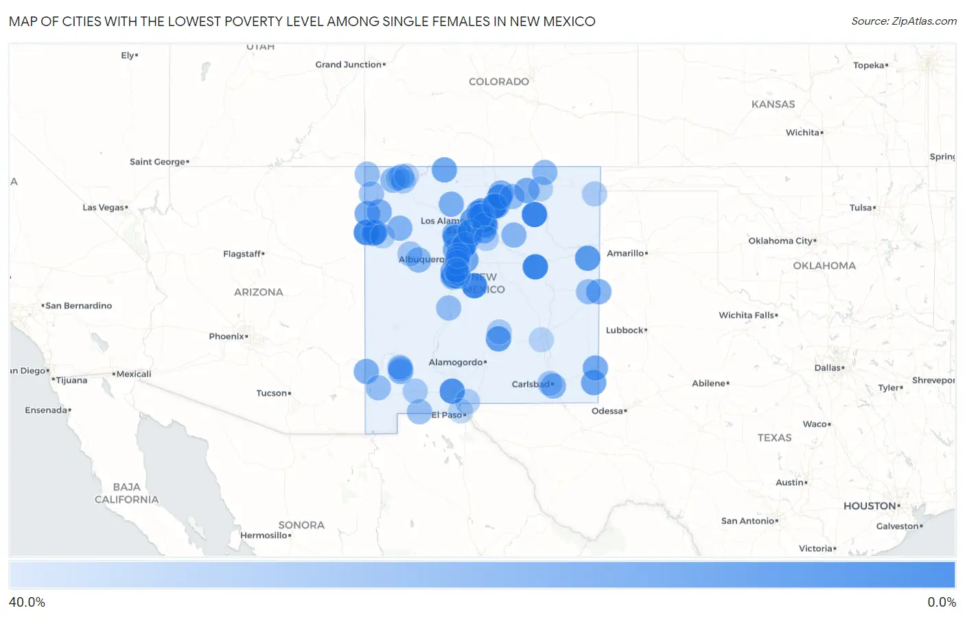 Cities with the Lowest Poverty Level Among Single Females in New Mexico Map