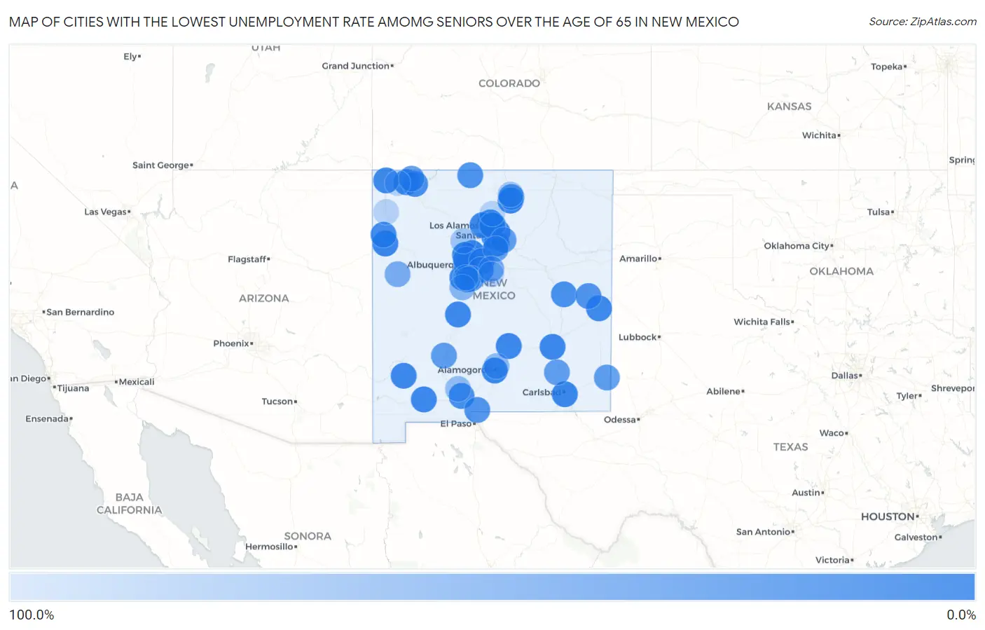 Cities with the Lowest Unemployment Rate Amomg Seniors Over the Age of 65 in New Mexico Map