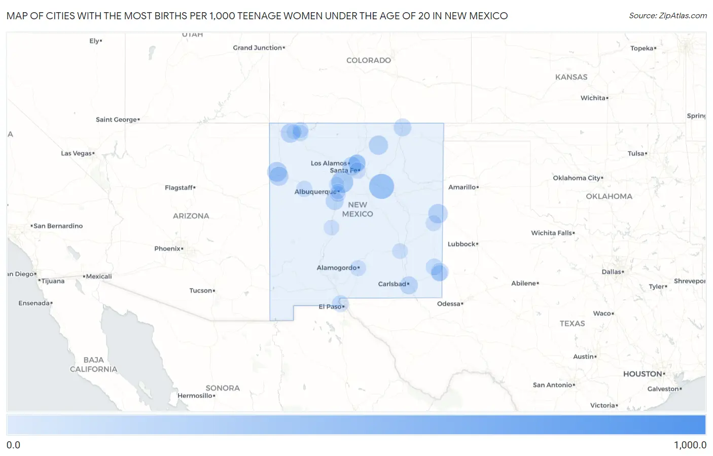 Cities with the Most Births per 1,000 Teenage Women Under the Age of 20 in New Mexico Map