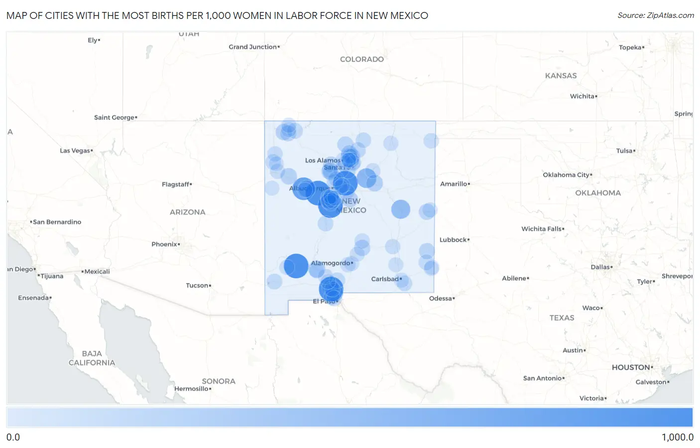 Cities with the Most Births per 1,000 Women in Labor Force in New Mexico Map