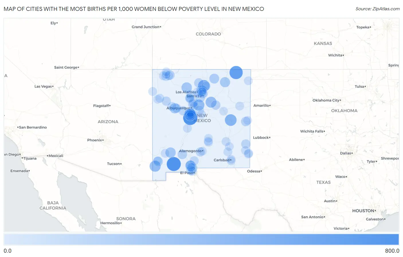 Cities with the Most Births per 1,000 Women Below Poverty Level in New Mexico Map