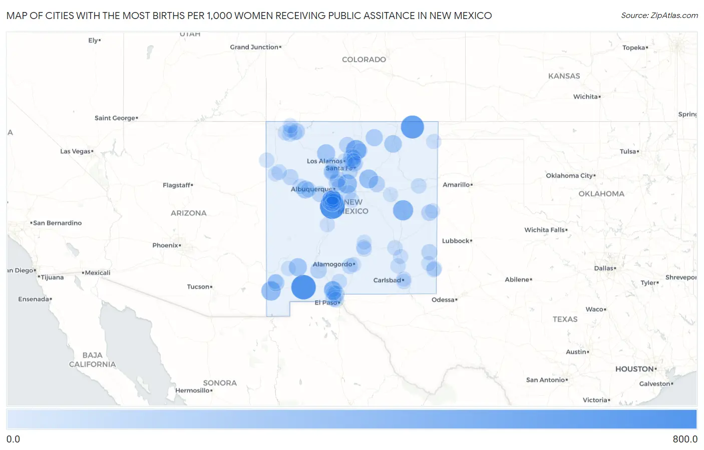Cities with the Most Births per 1,000 Women Receiving Public Assitance in New Mexico Map