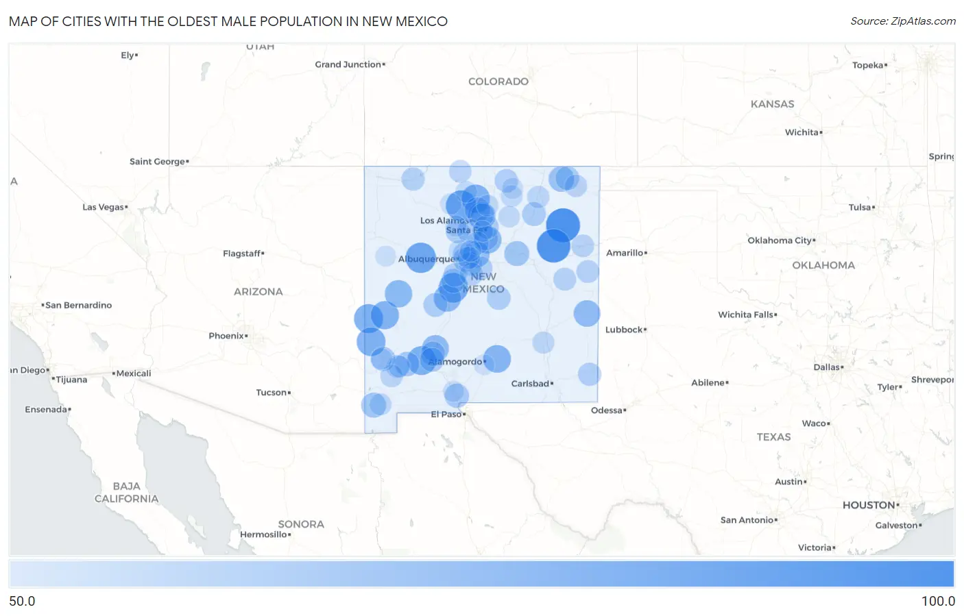 Cities with the Oldest Male Population in New Mexico Map
