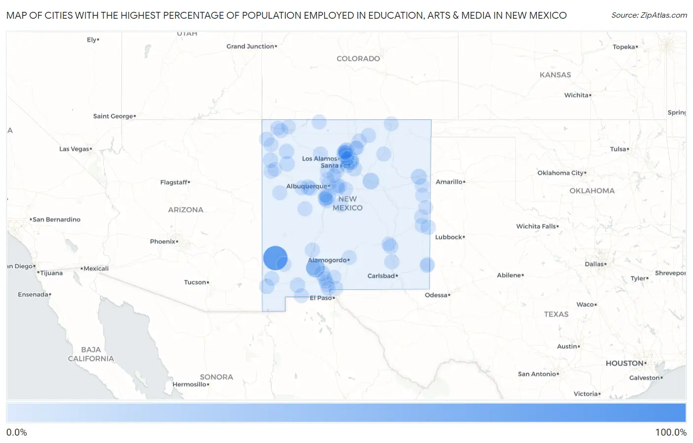 Cities with the Highest Percentage of Population Employed in Education, Arts & Media in New Mexico Map