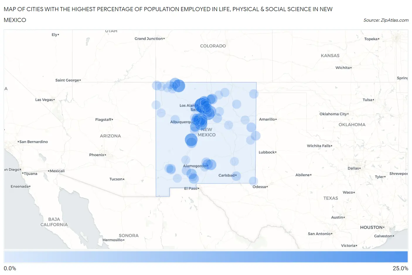Cities with the Highest Percentage of Population Employed in Life, Physical & Social Science in New Mexico Map