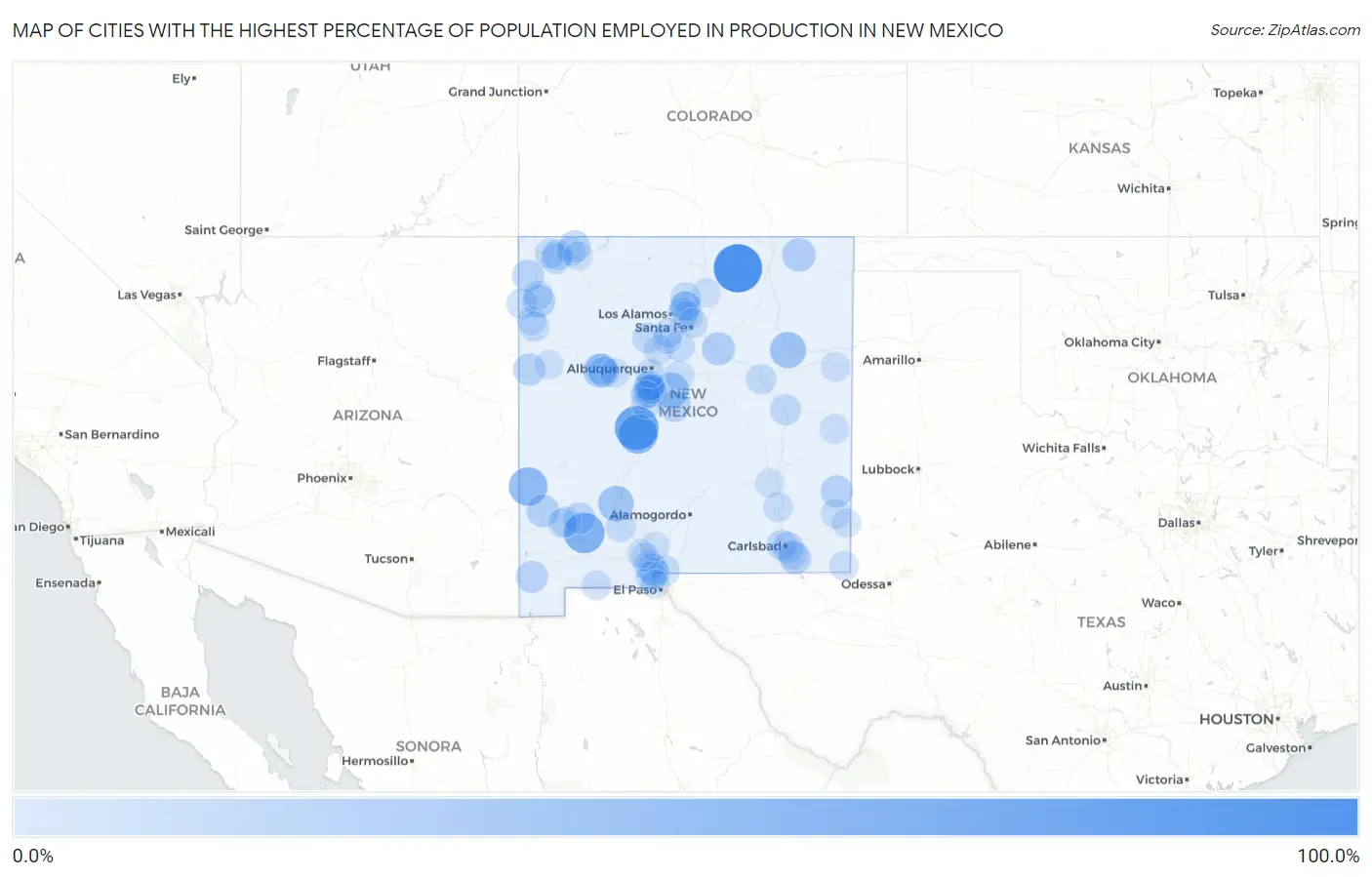 Cities with the Highest Percentage of Population Employed in Production in New Mexico Map