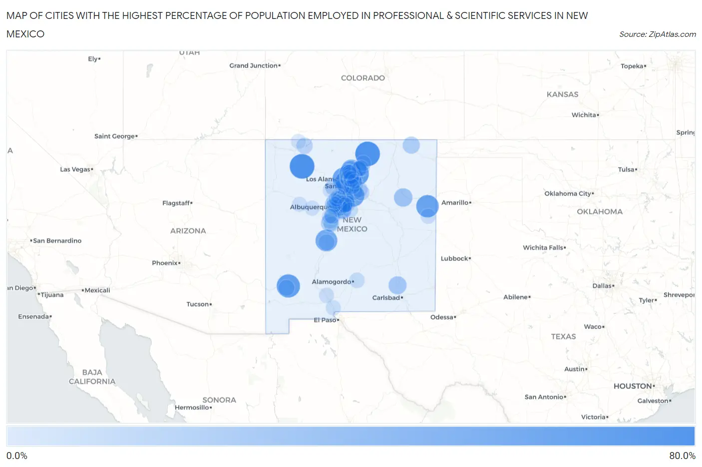 Cities with the Highest Percentage of Population Employed in Professional & Scientific Services in New Mexico Map