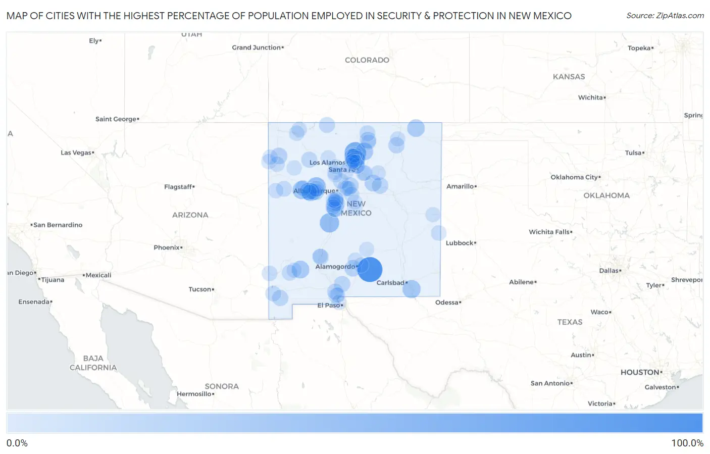 Cities with the Highest Percentage of Population Employed in Security & Protection in New Mexico Map