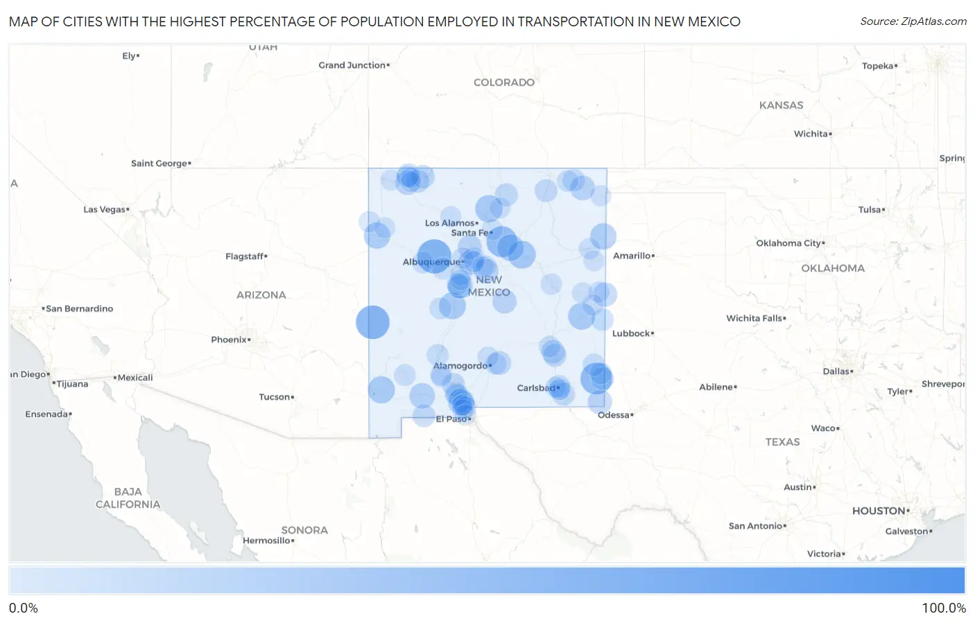 Cities with the Highest Percentage of Population Employed in Transportation in New Mexico Map