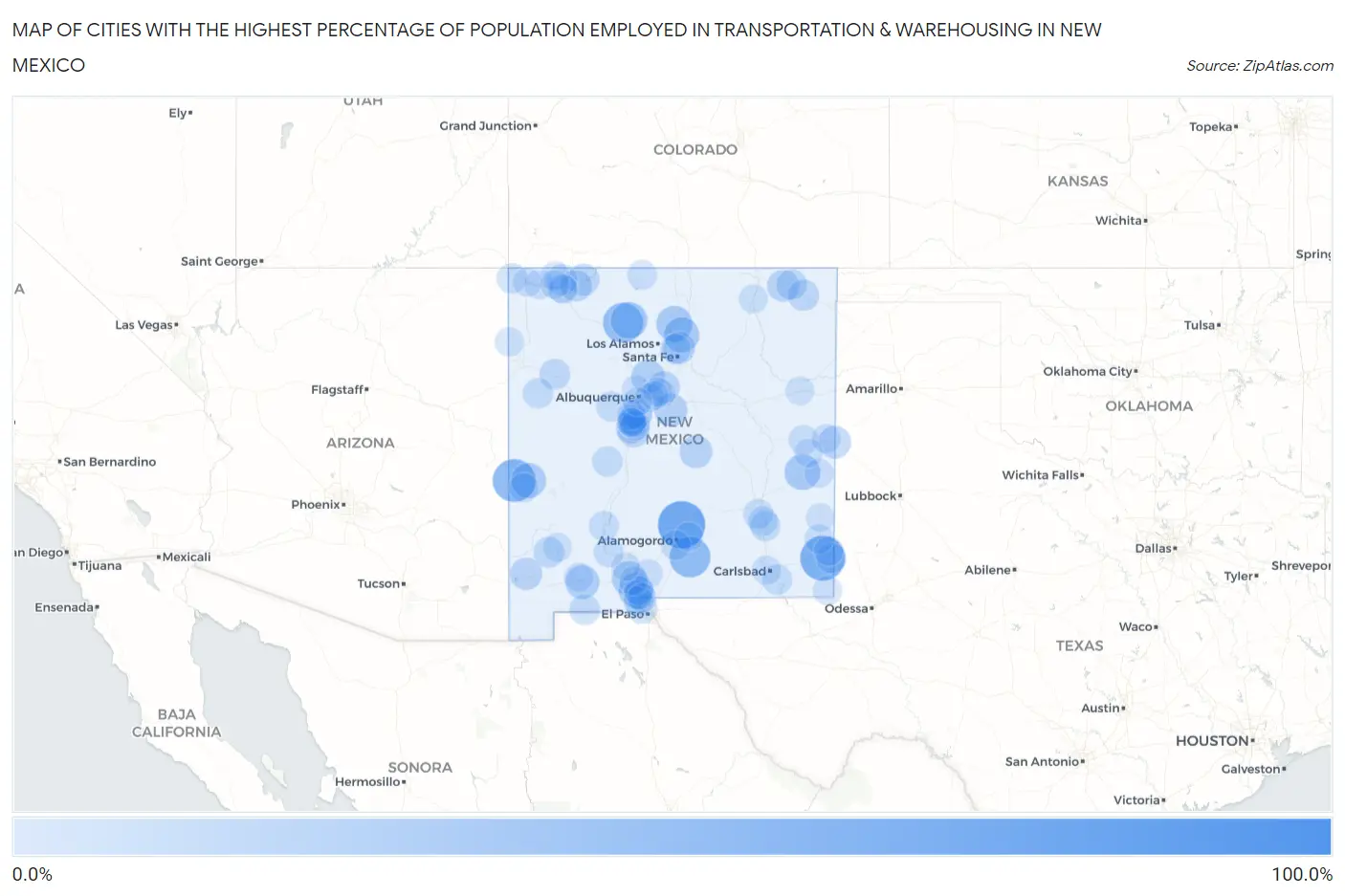 Cities with the Highest Percentage of Population Employed in Transportation & Warehousing in New Mexico Map