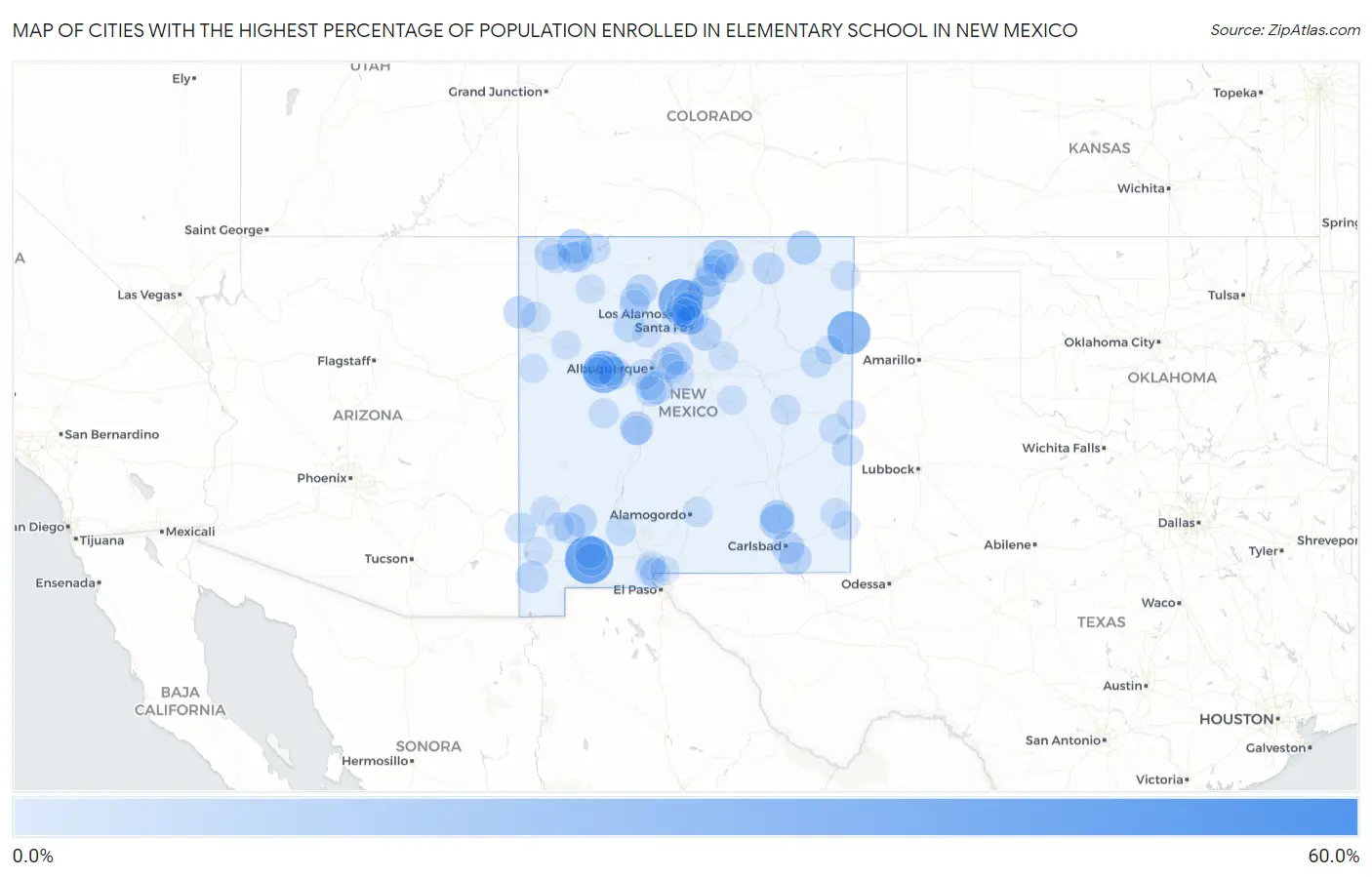 Cities with the Highest Percentage of Population Enrolled in Elementary School in New Mexico Map
