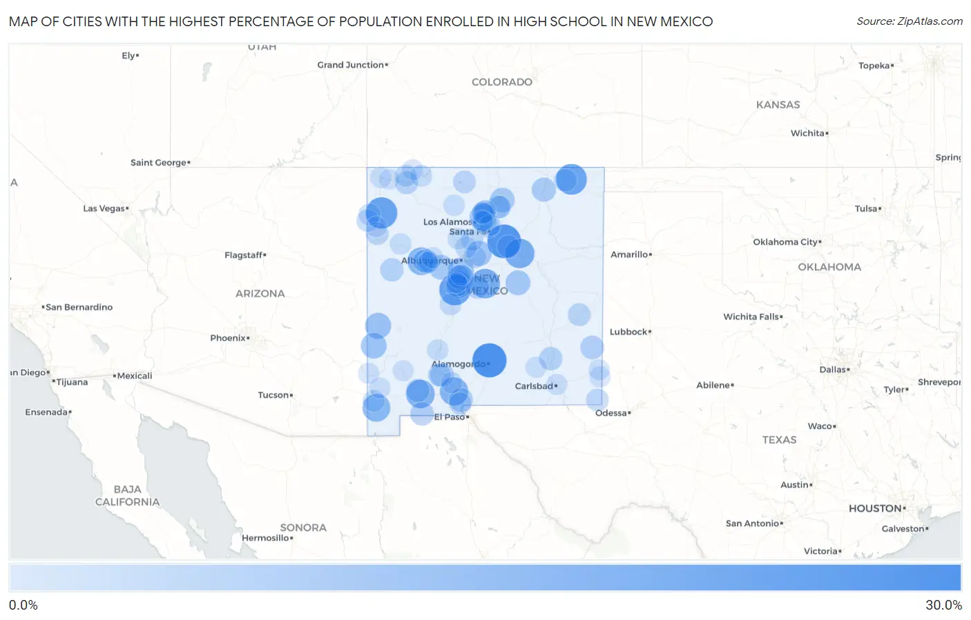 Cities with the Highest Percentage of Population Enrolled in High School in New Mexico Map