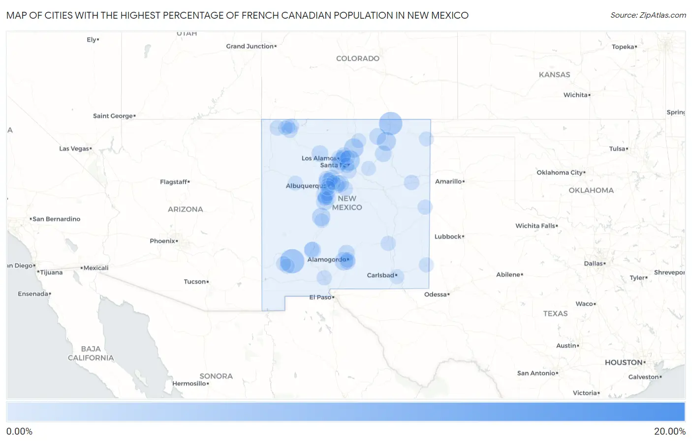Cities with the Highest Percentage of French Canadian Population in New Mexico Map