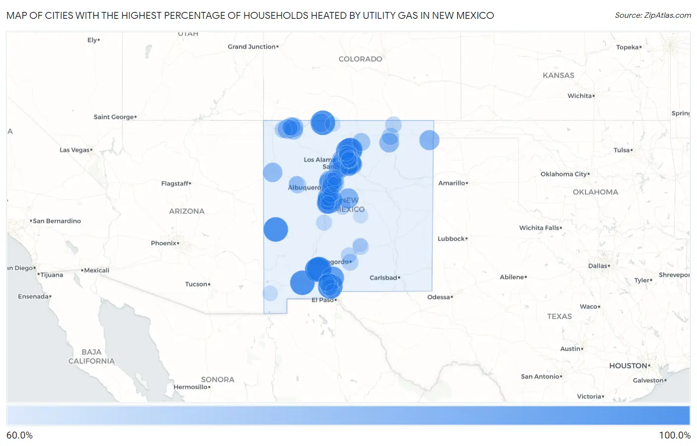 Cities with the Highest Percentage of Households Heated by Utility Gas in New Mexico Map