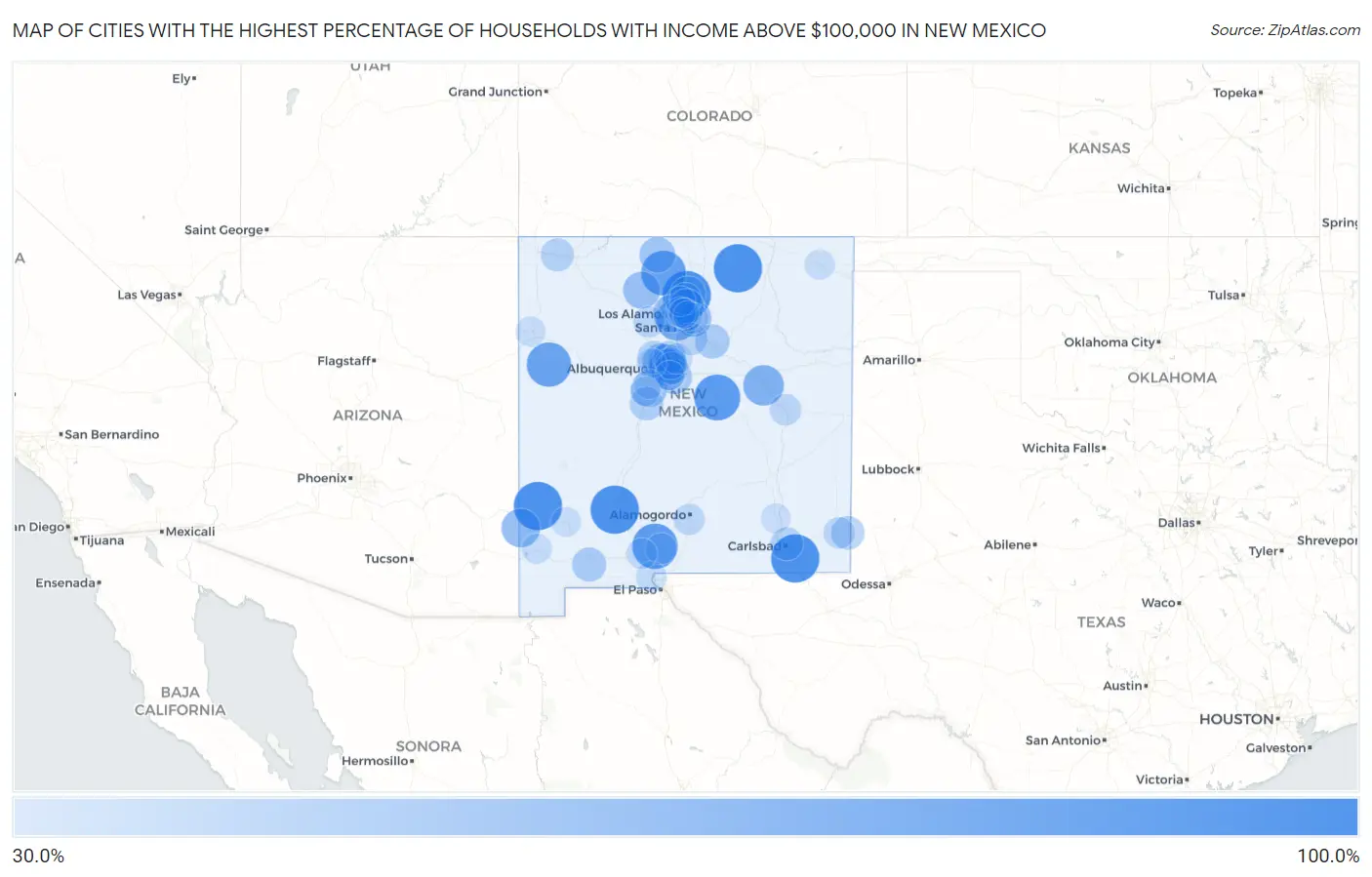 Cities with the Highest Percentage of Households with Income Above $100,000 in New Mexico Map
