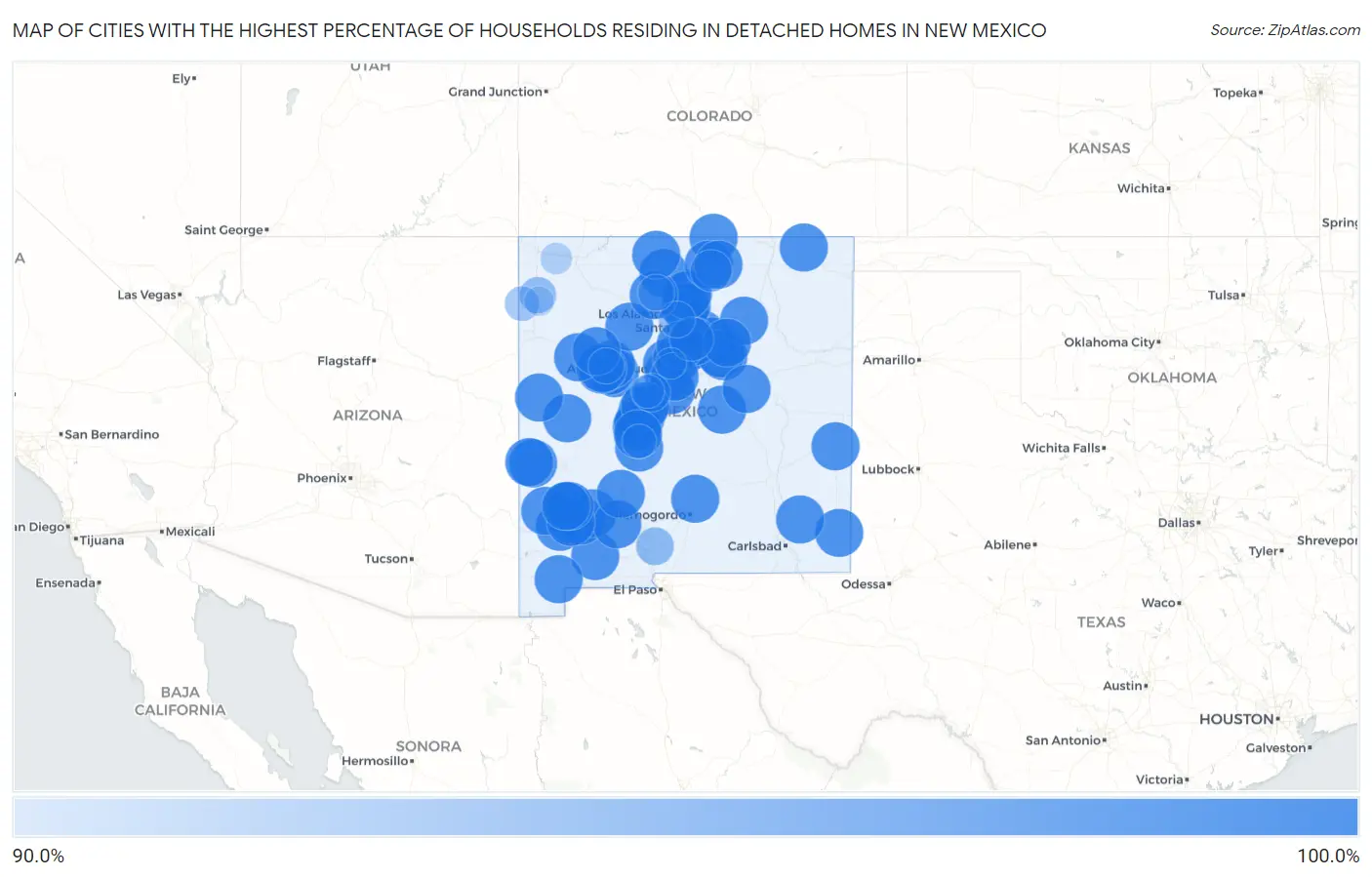 Cities with the Highest Percentage of Households Residing in Detached Homes in New Mexico Map