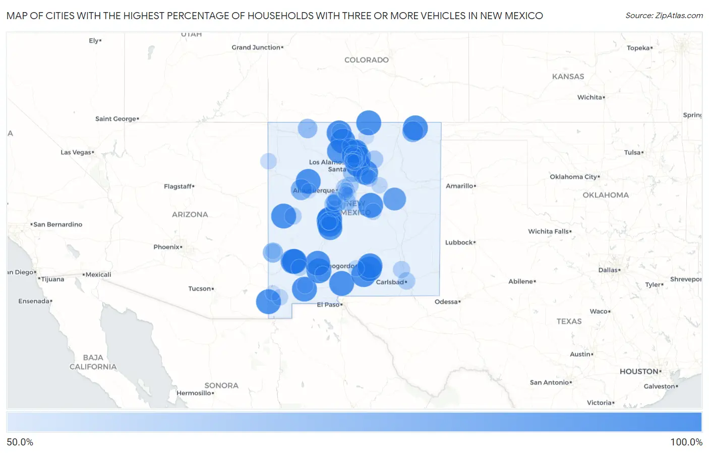 Cities with the Highest Percentage of Households With Three or more Vehicles in New Mexico Map