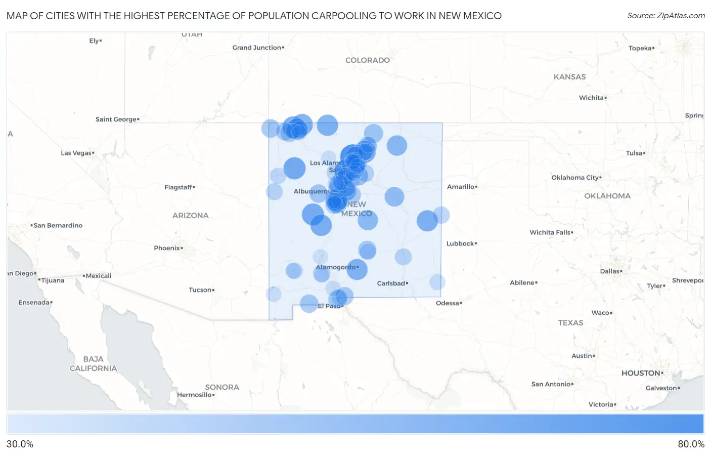 Cities with the Highest Percentage of Population Carpooling to Work in New Mexico Map