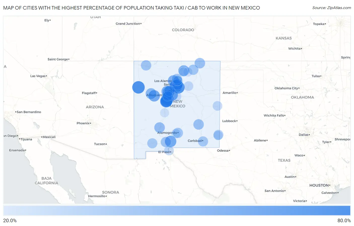 Cities with the Highest Percentage of Population Taking Taxi / Cab to Work in New Mexico Map