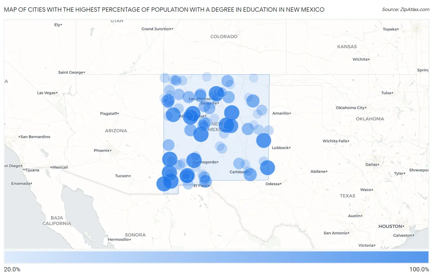 Cities with the Highest Percentage of Population with a Degree in Education in New Mexico Map