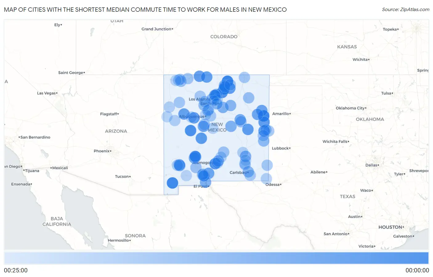 Cities with the Shortest Median Commute Time to Work for Males in New Mexico Map