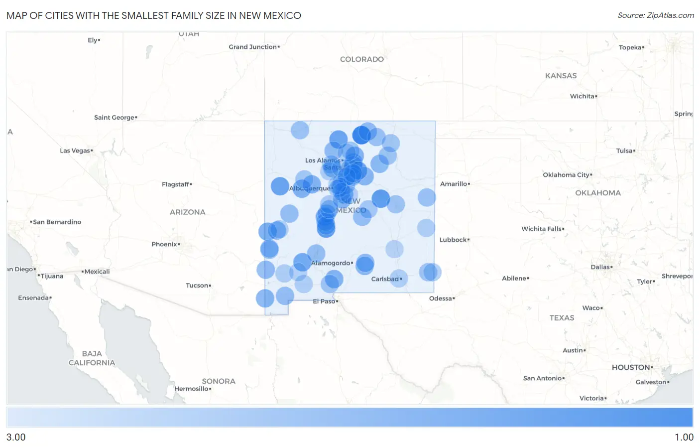 Cities with the Smallest Family Size in New Mexico Map