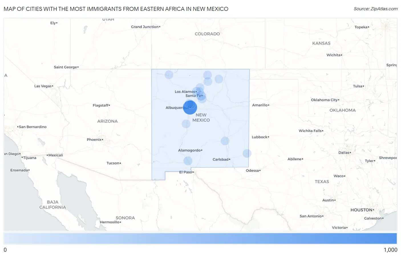 Cities with the Most Immigrants from Eastern Africa in New Mexico Map