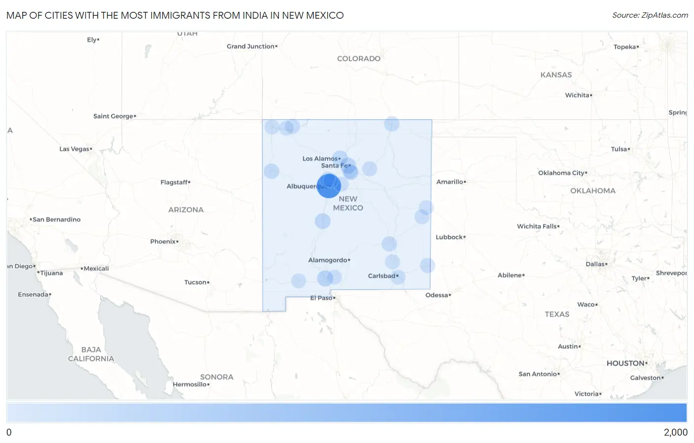 Cities with the Most Immigrants from India in New Mexico Map
