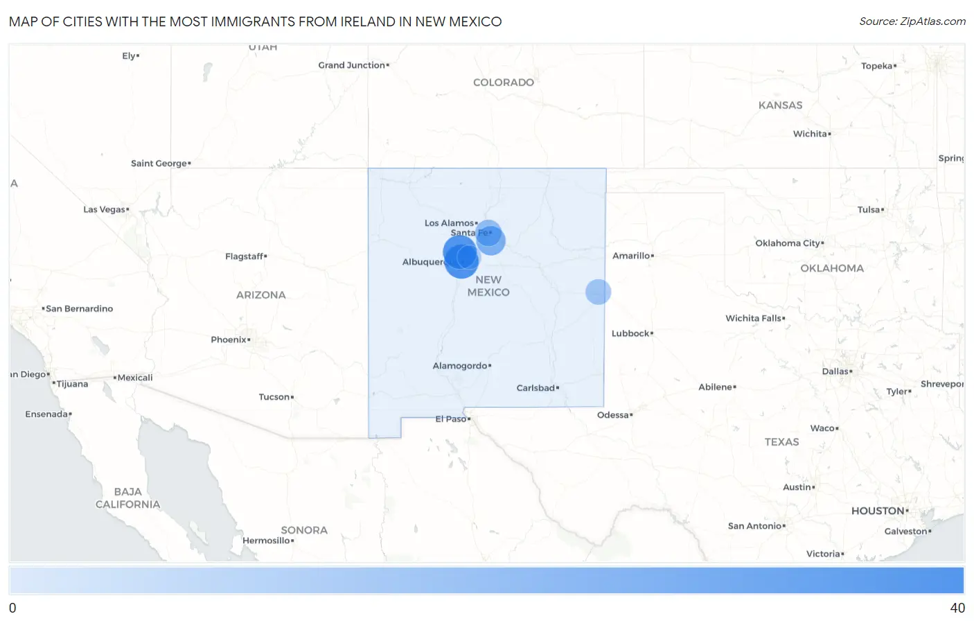Cities with the Most Immigrants from Ireland in New Mexico Map