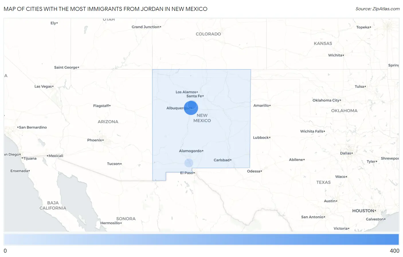 Cities with the Most Immigrants from Jordan in New Mexico Map