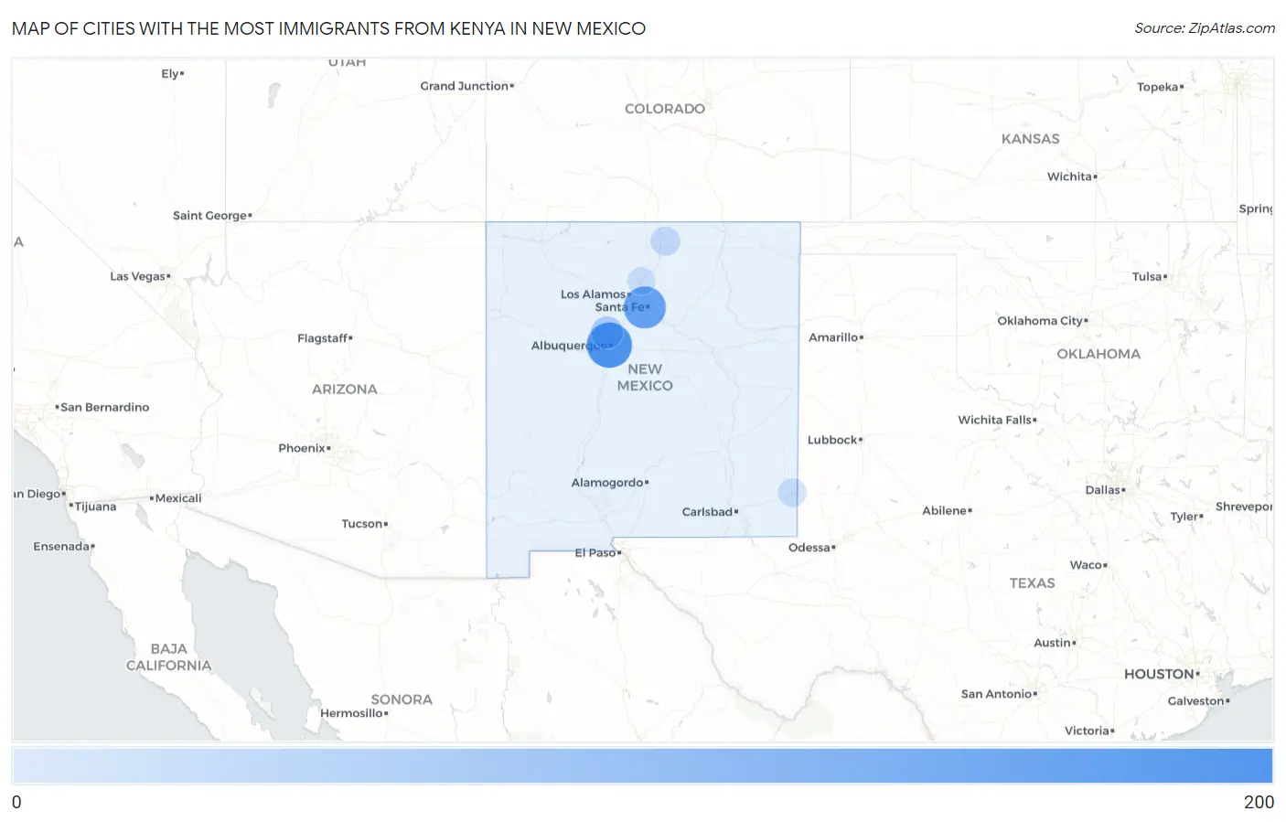 Cities with the Most Immigrants from Kenya in New Mexico Map