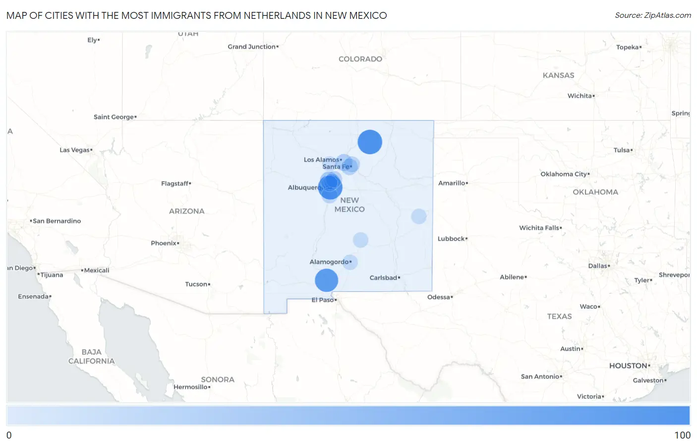 Cities with the Most Immigrants from Netherlands in New Mexico Map