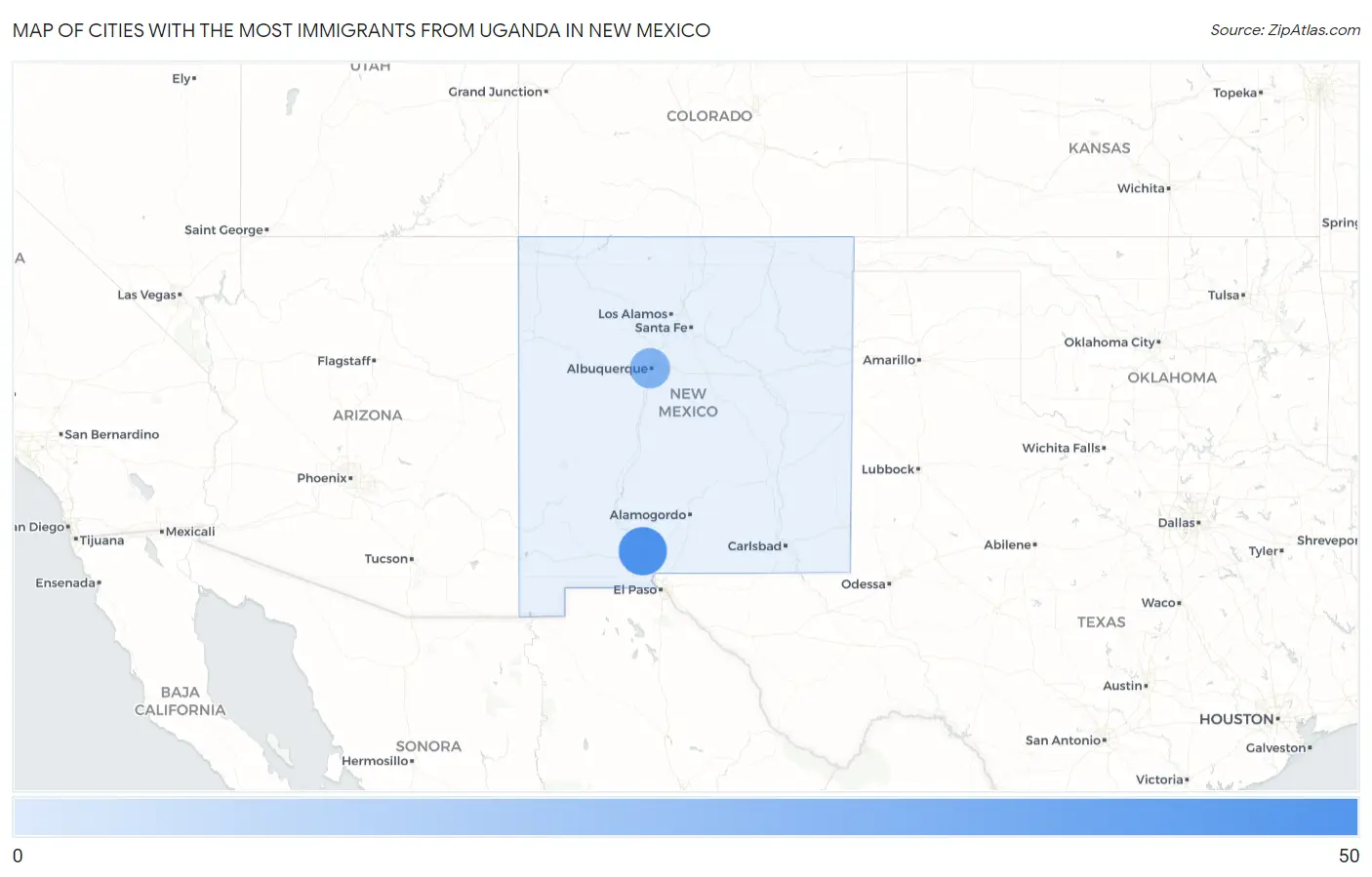 Cities with the Most Immigrants from Uganda in New Mexico Map