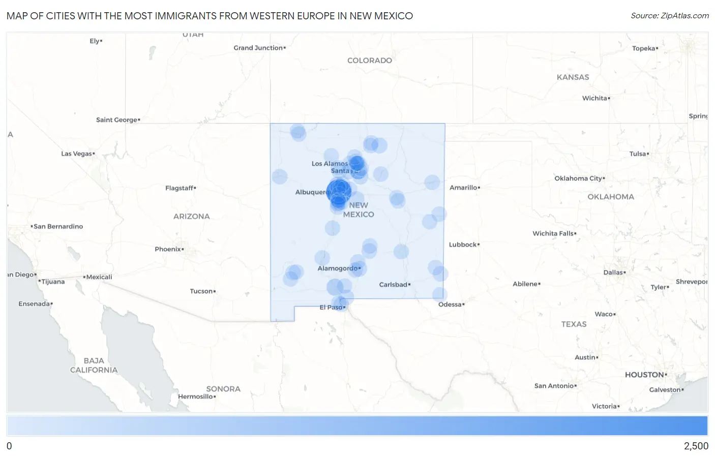 Cities with the Most Immigrants from Western Europe in New Mexico Map