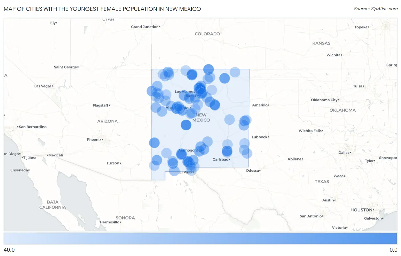 Cities with the Youngest Female Population in New Mexico Map