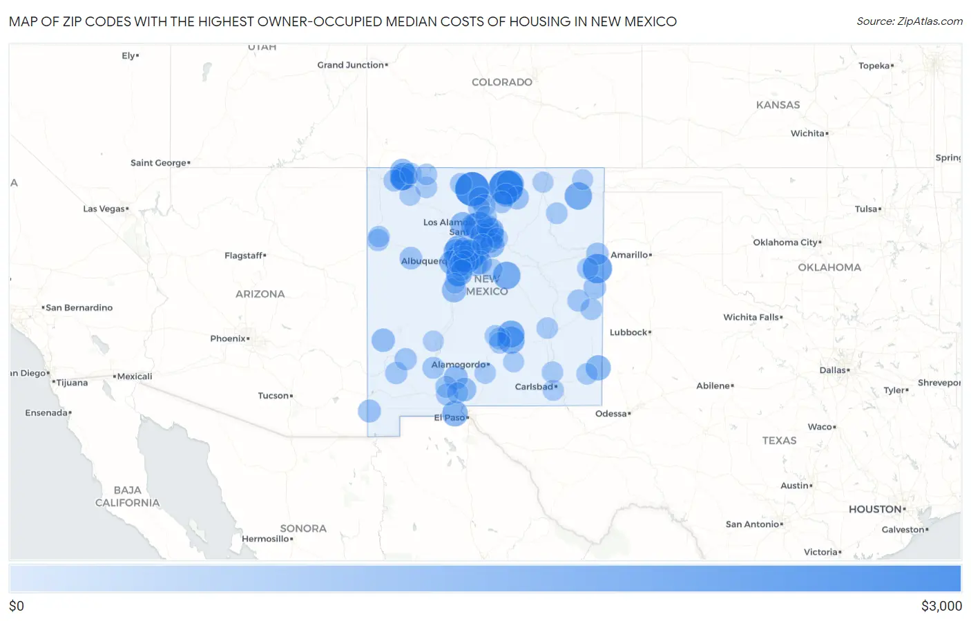 Zip Codes with the Highest Owner-Occupied Median Costs of Housing in New Mexico Map